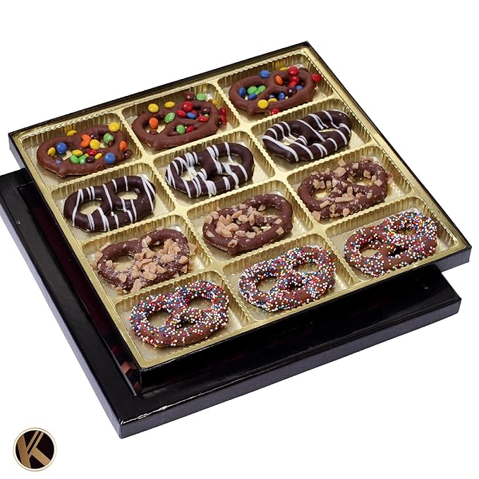 KREMERY Creamy Chocolate Cravings - Halloween Treats For Adults Chocolate Covered Pretzel Twists Gift Basket, in Sectional Gift Box (12 Pretzels, Assorted Sweet Toppings) Holiday Xmas Christmas