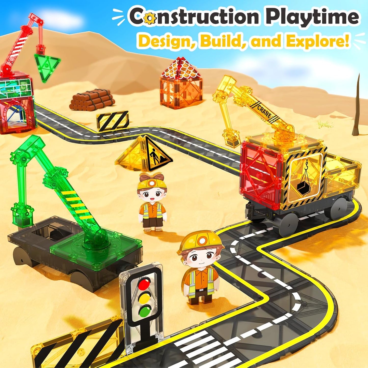 Coodoo 100 PCS Magnetic Tiles Road Set with 3 Cranes & 2 Cars - Magnetic Blocks City Construction Building Toys for 3+ Year Old Boys Girls Ideal Preschool Learning Outdoor Creative Toddler Kids Toys