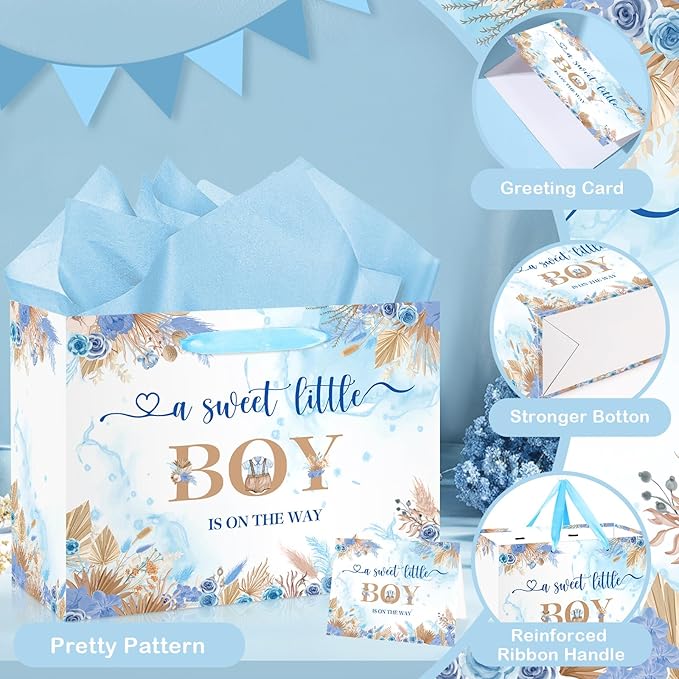 Baby Shower Paper Bag, Blue Floral Sweet Baby Boy Gift Bag with Tissue Paper and Card Boho Dried Flowers Wrap Bag with Handle for Baby Shower Birthday Gender Reveal Party Favors Decorations Supplies
