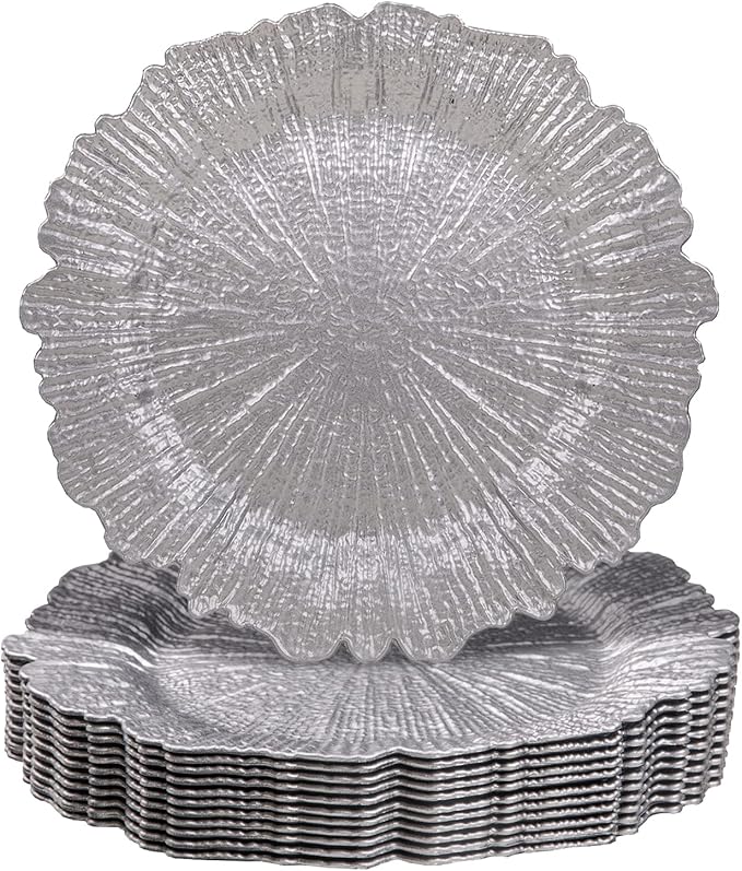 MAONAME Silver Charger Plates Set of 12, Reef Plate Chargers for Dinner Plate, Plastic Decorative Plates for Table Setting, Thanksgiving, Christmas