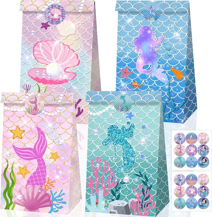 Mermaid Party Favor Bag Little Mermaid Birthday Decorations Jellyfish Seashell Gift Goodie Bags with Sticker for Girls Under the Sea Aquatic Nautical Party Summer Ocean Beach Party Supplies (12Pcs)