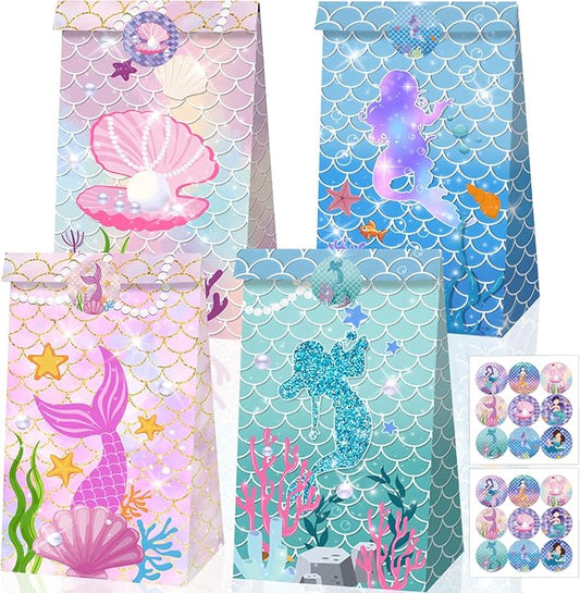 Mermaid Party Favor Bag Little Mermaid Birthday Decorations Jellyfish Seashell Gift Goodie Bags with Sticker for Girls Under the Sea Aquatic Nautical Party Summer Ocean Beach Party Supplies (12Pcs)