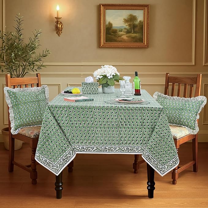 Ridhi Hand Block Print Basil Green Rectangle Cotton Tablecloth 108" x 60" Reusable Table Cover Decorative Everyday Use for Dining, Farmhouse, Home Gift for Spring, Easter, Valentine