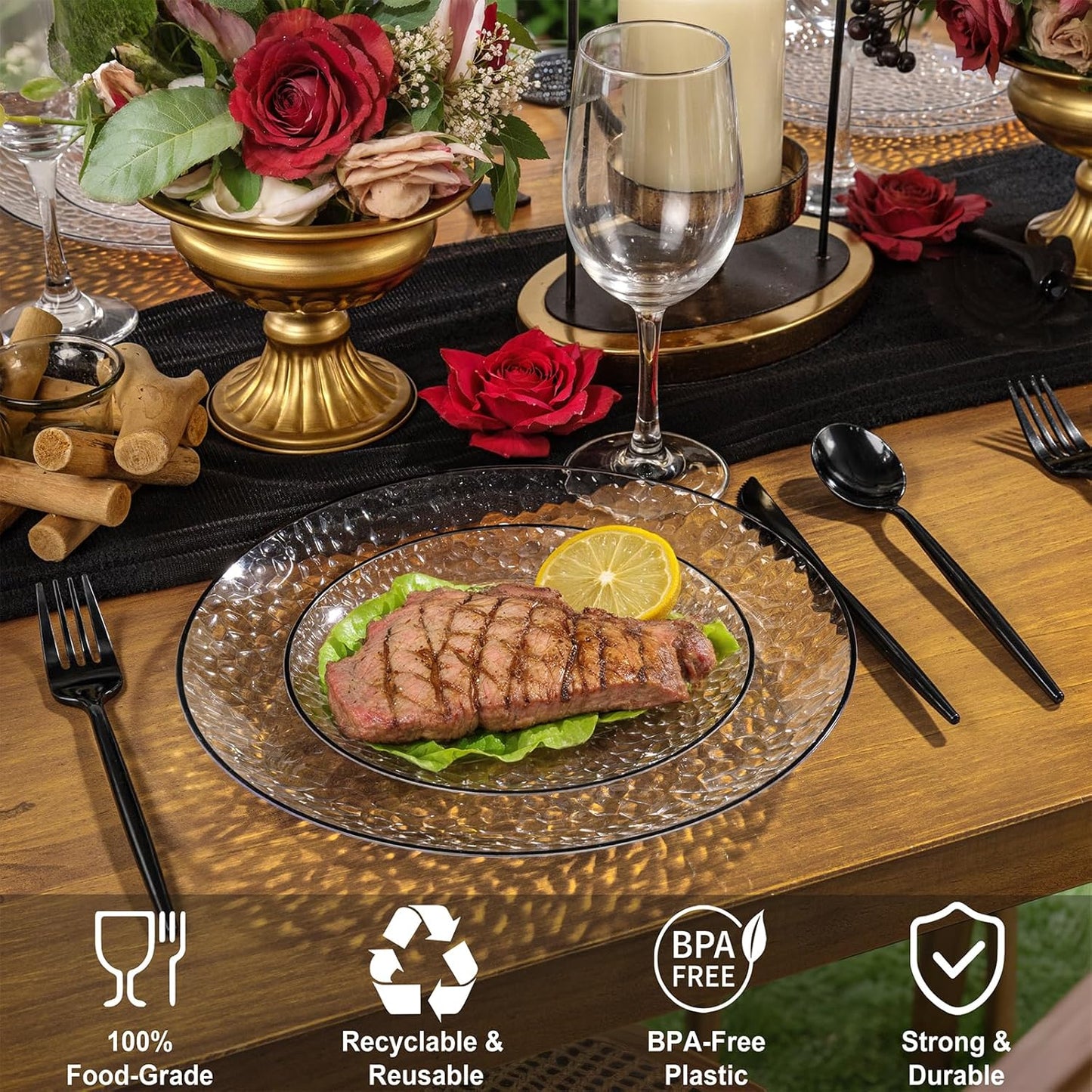 Rubtlamp 60Pcs Halloween Plastic Plates, Black Heavy Duty Plastic Plates, Clear Disposable Party Plates, Hammered Fancy Disposable Plates Include 30 Clear Dinner Plates, 30 Black Salad Plates