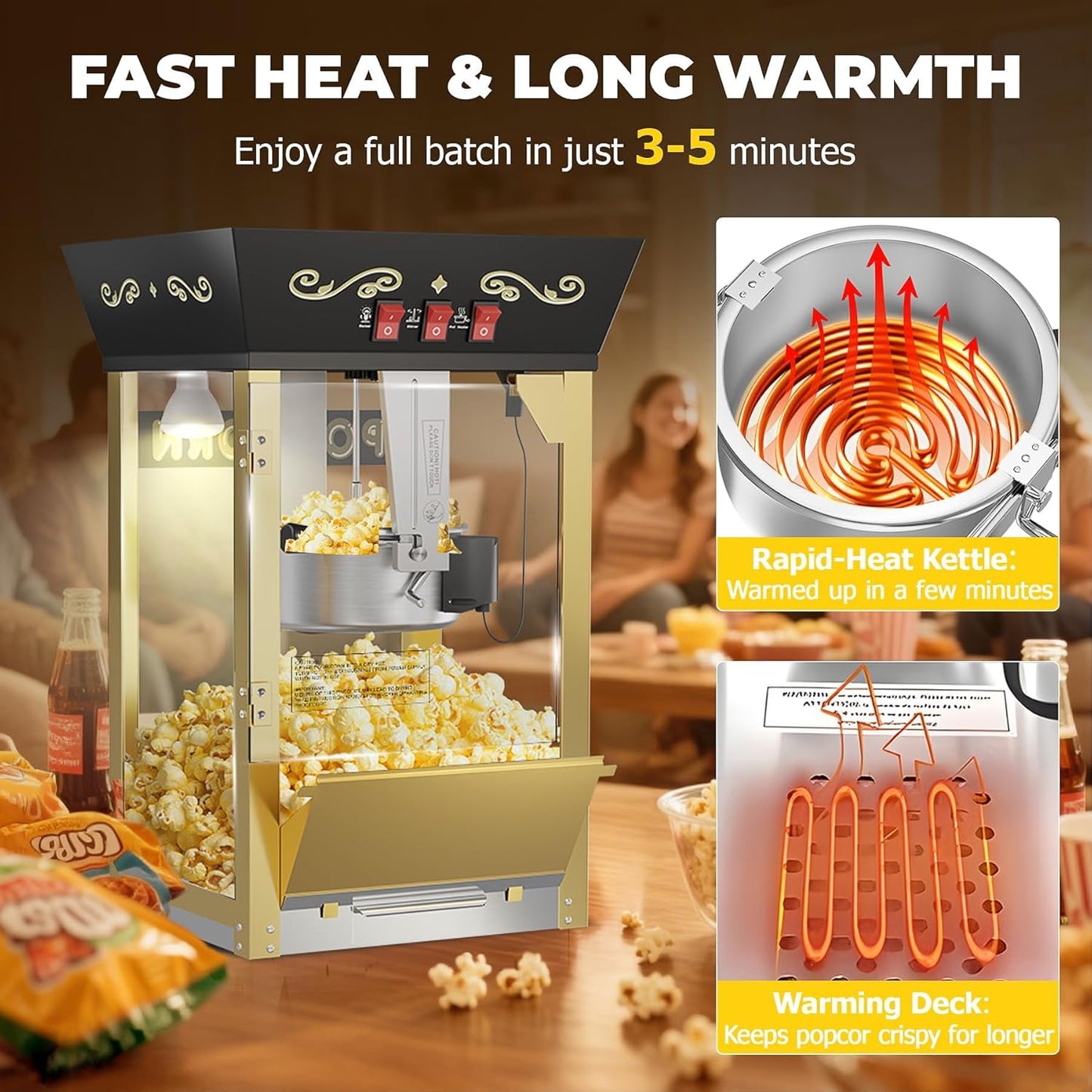 2025 Upgraded 12 oz Popcorn Machine Cart, Popcorn Maker Machine with Stainless-Steel Kettle Makes Up to 48 Cups, Movie Theater Pop Corn Machine with 3-Switch Control & Tempered Glass Doors, Black