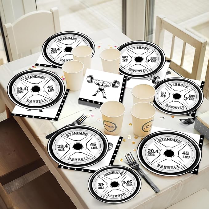 OBUSATT 96 Pcs Gym Birthday Party Supplies Bodybuilder Theme Paper Plates Weightlifting Party Plates and Napkins Forks Barbell Birthday Decorations for Gym Lovers and Weight Lifters Serves 24