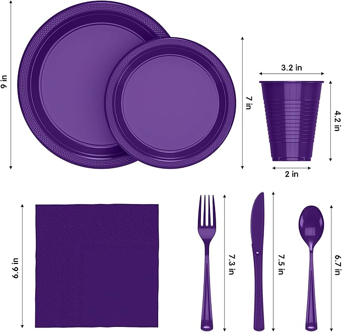 350 Pcs Purple Plastic Plates For Party, Purple Disposable Plates Set, 50 Of Each 9" Dinner Plate Set, 7" Dessert Plate, Cups, Napkins & Cutlery Plastic Dinnerware Exquisite