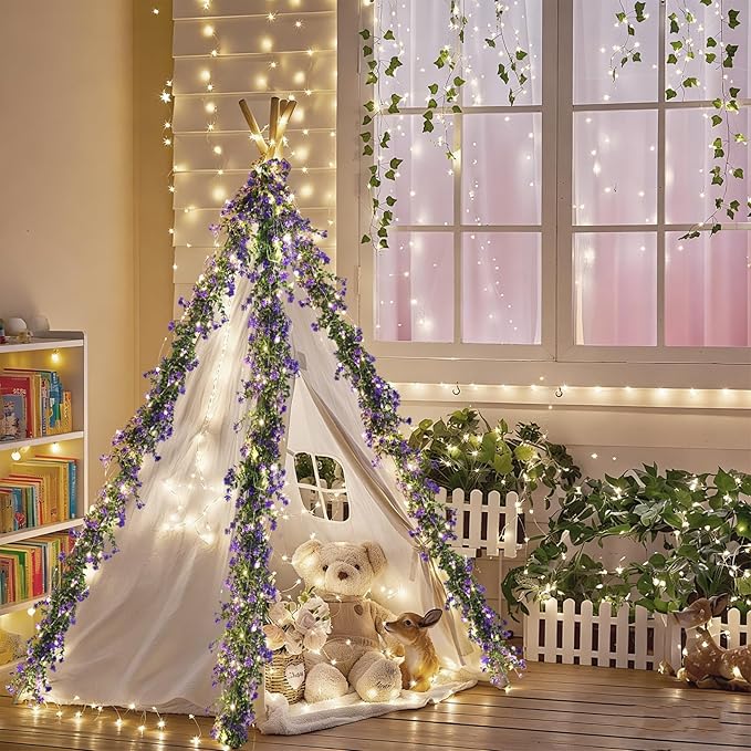 RECUTMS Faux Lighted Mantle Garland Artificial Hanging Greenery Fake Hanging Eucalyptus Leaves Vine with Lights Swag Garland for Indoor Outdoor Wall Party Mantel Wedding Table Arch Decor(Purple)