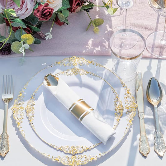 Nervure 700PCS Gold Plastic Plates - Gold Plastic Dinnerware Sets for 100 Guests - 200 Disposable Plates, 300 Silverware, 100 Cups, 100 Napkins for Wedding & Party