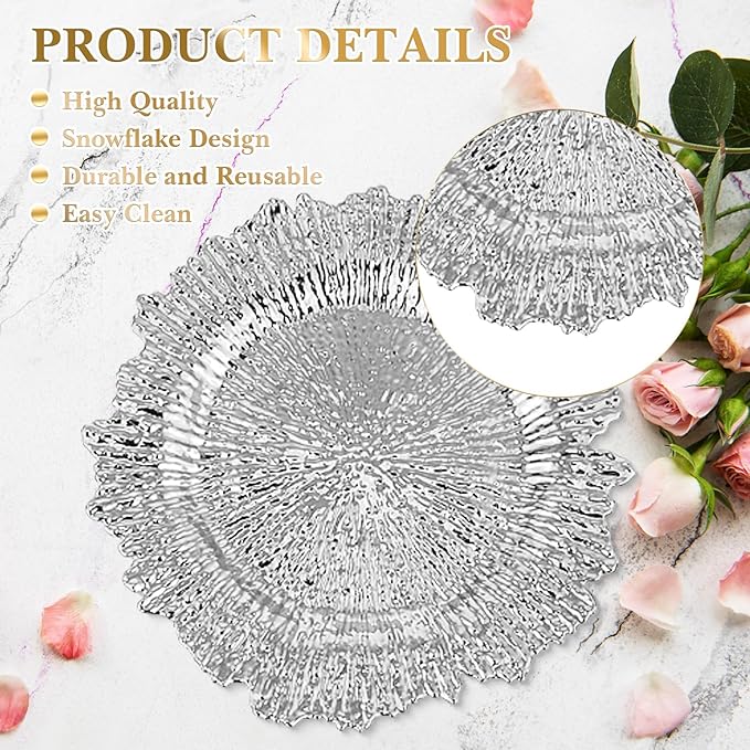 32 Pack Charger Plates Set Reef Chargers for Dinner Table Serving Tray Floral Plastic Decorative Plates for Table Setting Wedding Party, 13 Inch(Silver)