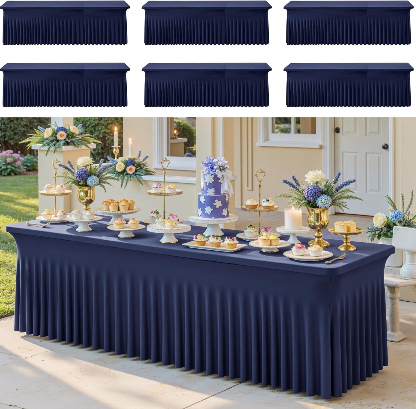 6pack Navy Blue Spandex Tablecloths 8ft for Rectangle Tables, Wrinkle Free Classy Table Skirt Stretchy 8 Foot Fitted Table Cloths Covers for Weddings Birthday Party Events Banquette Baby Shower