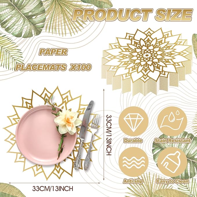 Sinmoe 100 Pack Disposable Paper Placemats Bulk 13 Inch Paper Charger Place Mat Party Charger Plates Table Place Mats for Dinner Wedding Birthday Baby Shower Spring Dining Tableware(Mandala Flower)