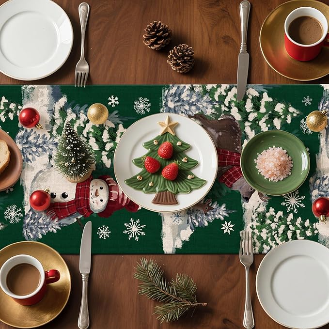 Artscope Reindeer Snowman Christmas Tree Table Runner, Xmas Winter Snowflakes Holiday Kitchen Dining Table Decoration for Christmas Home Party Decor 13x36 Inch-Green