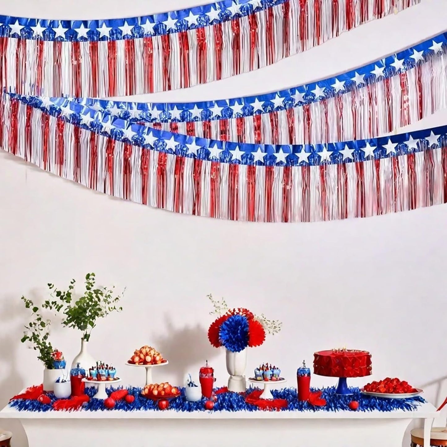 6 Packs 10 Feet Foil Fringe Garland Metallic Foil Tinsel Fringe Garland Wall Hanging Fringe Banner Tassels for 4th/Fourth of July Patriotic Decorations,Parade Floats (Red Blue White)