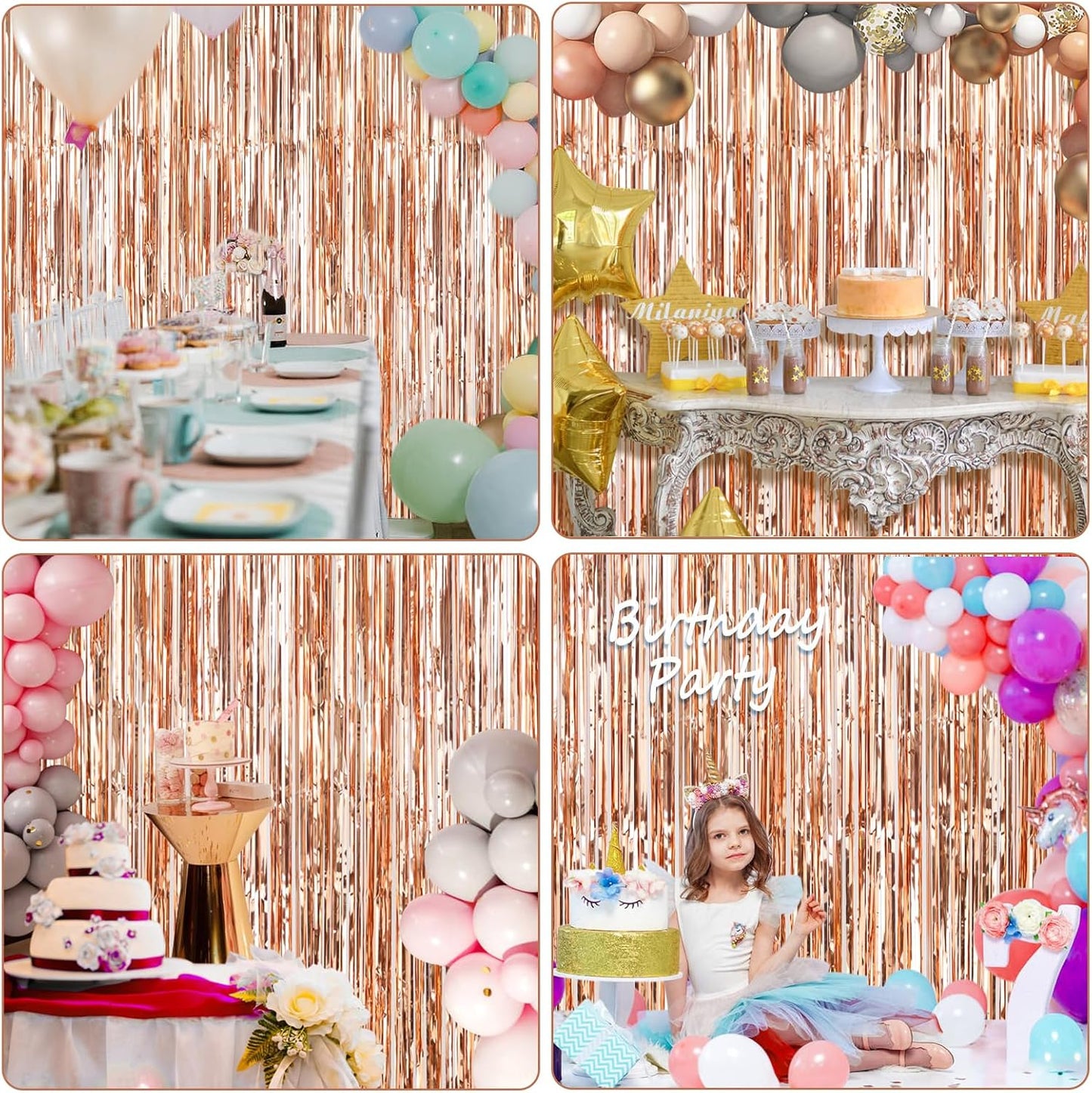 Accevo Rose Gold Foil Party Streamers 3Pack Metallic Tinsel Fringe Curtain 3.2ft x 8.2ft Streamer Curtains Anniversary Thanksgiving Christening Party Photo Booth Tinsel Curtain for Parties Decoration