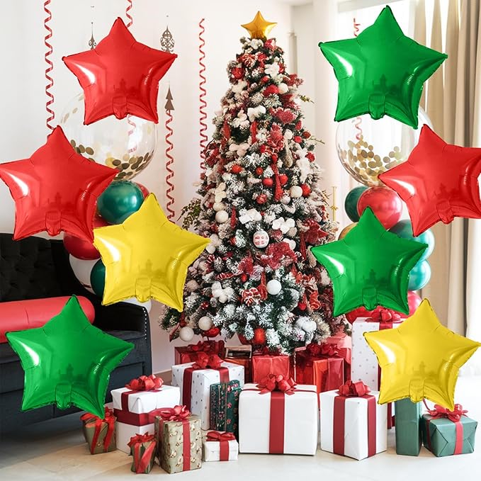 Red Green Gold Star Foil Balloons, 10PCS Xmas Foil Stars Shape Balloon, 18 Inch Large Metallic Stars Balloons Helium Pentagram Balloon for Birthday, Christmas, New Year, Baby Shower Party Decoration