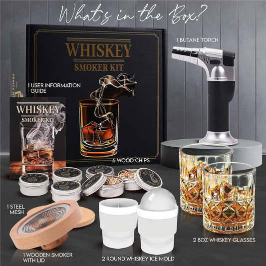Whiskey Smoker Kit with Torch – 6 Wood Chip Flavors & 2 Glasses – Cocktail Smoker Infuser Set for Old Fashioned and Bourbon– Birthday Gifts for Men, Dad, Husband and Boyfriend(Butane Not Included)