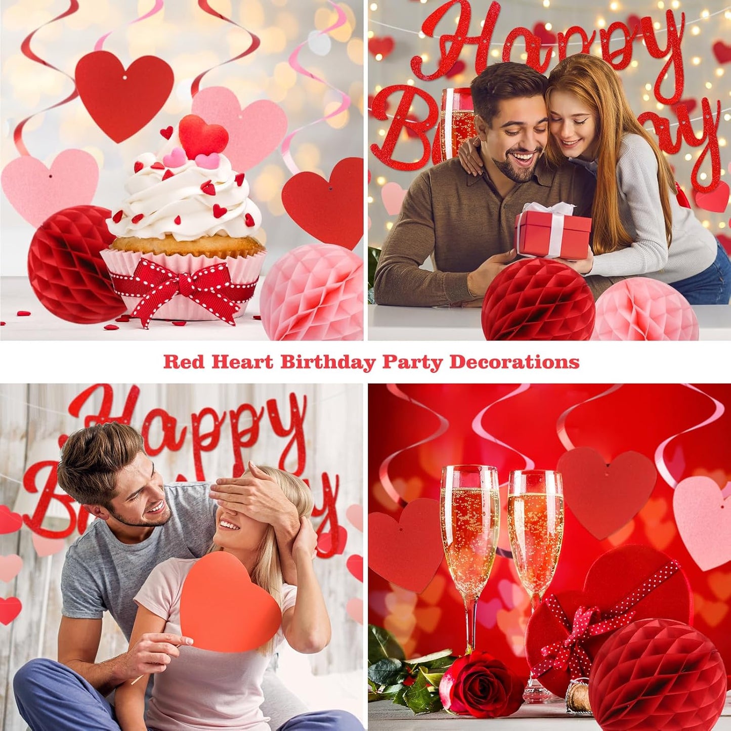 Birthday Decorations, NO DIY, Pre-Strung Happy Birthday Banner with Honeycomb Balls, Hanging Swirls, Circle Dots Garland, Happy Birthday Party Decorations for Women Men Boys Girls (Red)