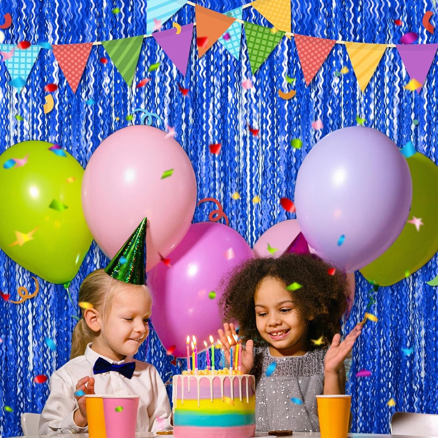 4 Pack Blue Fringe Curtain Backdrop 3.2Ft x 8.2Ft Metallic Tinsel Foil Fringe Streamers Background for Photo Booth Mother's Day, Easter, Carnival, Birthday, Wedding Party Decoration