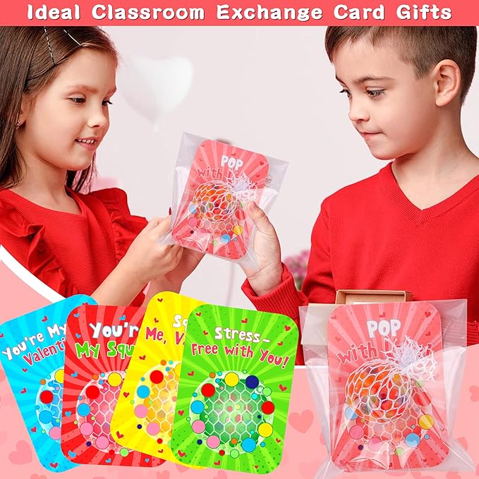 24 Pack Valentines Day Gifts for Kids Classroom Fidget Stress Balls with Valentines Cards Stress Relief Toys Squeeze Ball for Kids Boys Girls School Exchange Cards Gifts Valentines Party Favors Prizes
