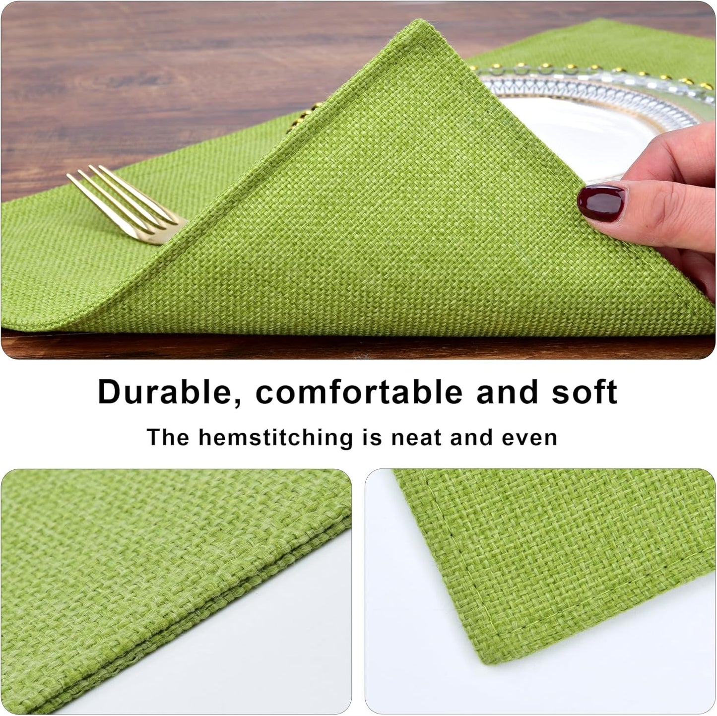 SLKQG Green Linen-Look Placemats Set of 8, Heat Resistant & Machine Washable Double-Layered Cloth Placemats for Dining Table, Indoor/Outdoor Use, Non-Slip Kitchen Table Mats (8, Grass Green)