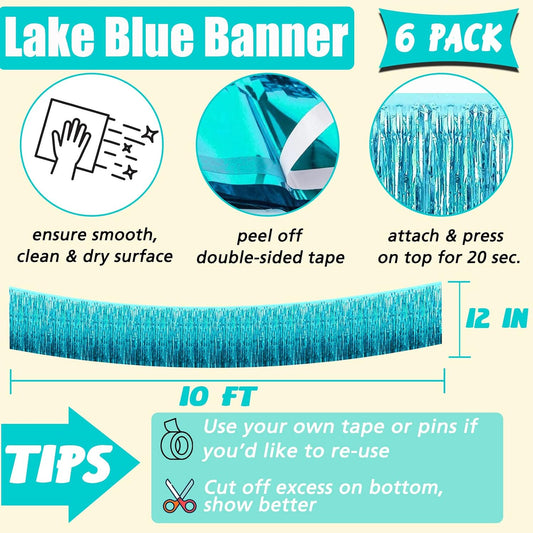 6 Pack 10 Feet Foil Fringe Garland Metallic Tinsel Banner Wall Hanging Curtain Streamers Backdrop for Parade Floats Bachelorette Wedding Birthday Party Thanksgiving Christmas Decorations(Lake Blue)