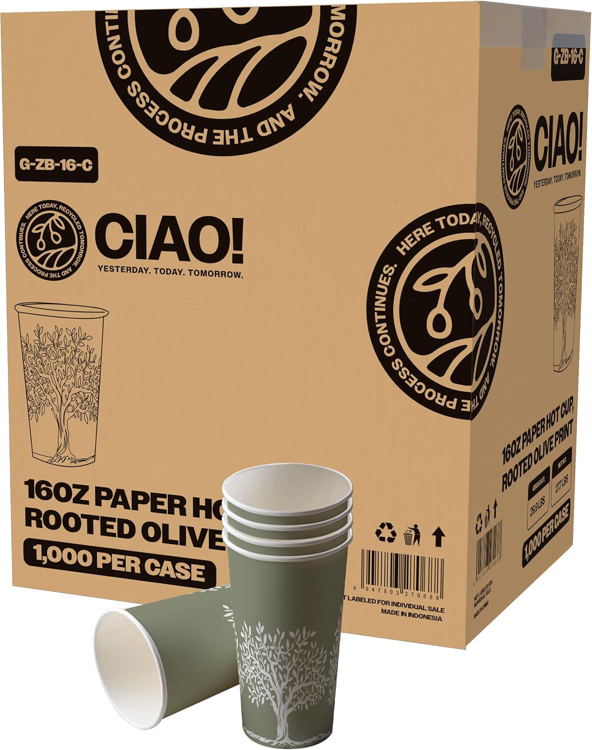 CIAO! 16oz Paper Hot Cup, Rooted Olive Print, (Case of 1,000)