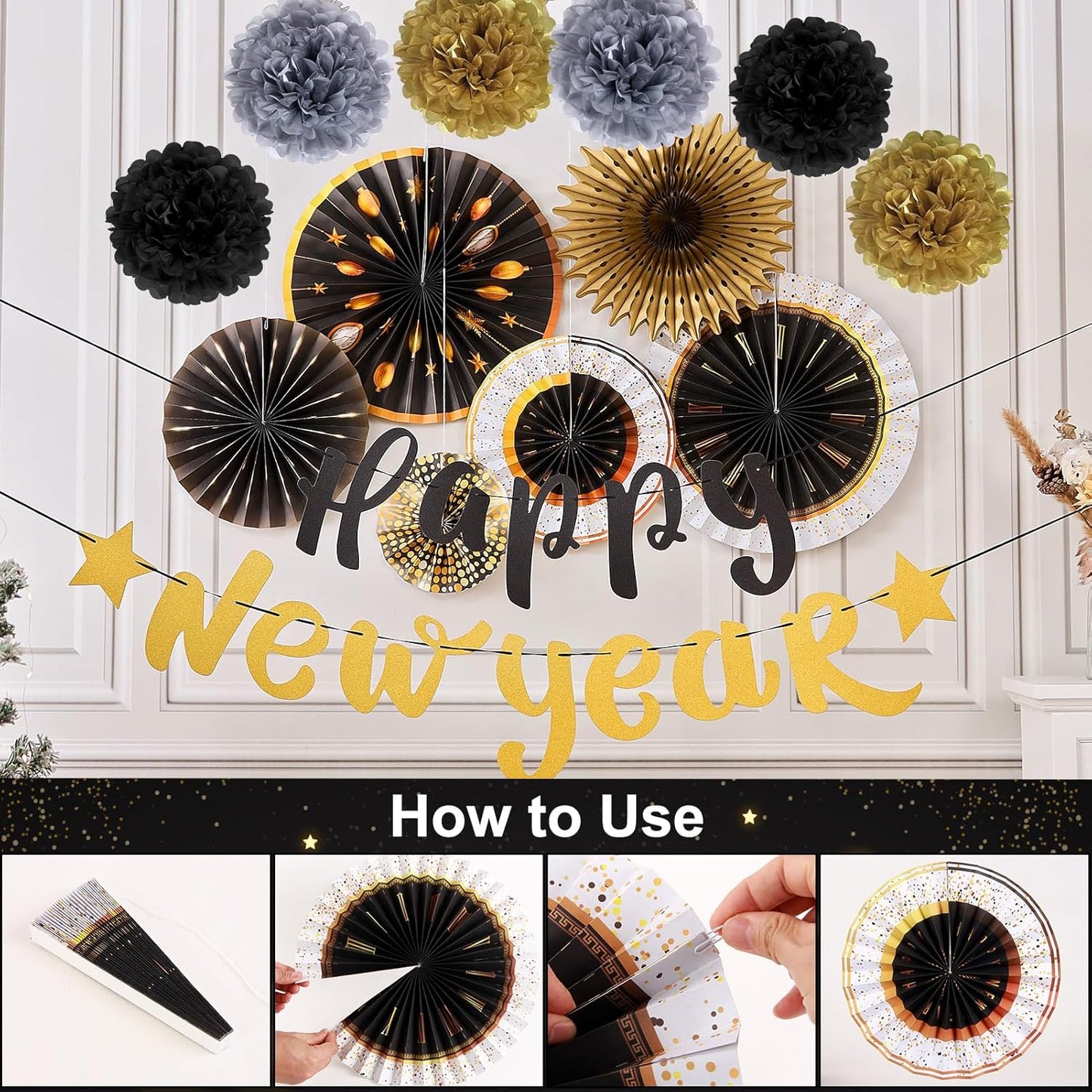 SUNBEAUTY Birthday Party Decorations Gold Black Hanging Paper Fans Tissue Pom Poms Happy New Year Banner, Eve Party Supplies for 2025