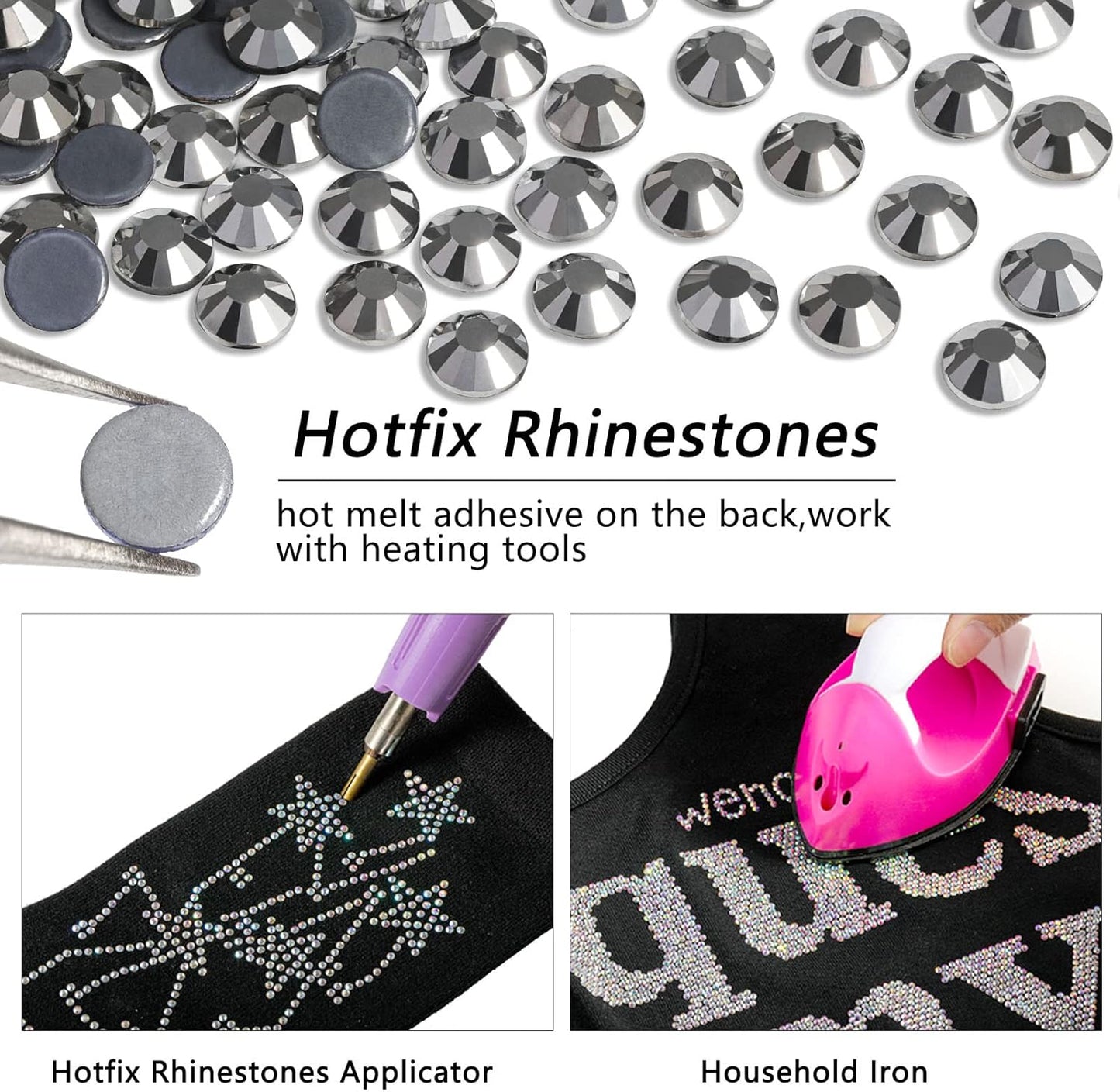 Beadsland Hotfix Rhinestones, 2880pcs Flatback Crystal Rhinestones for Crafts Clothes DIY Decorations,Silver Hematite,SS6,1.9-2.1mm