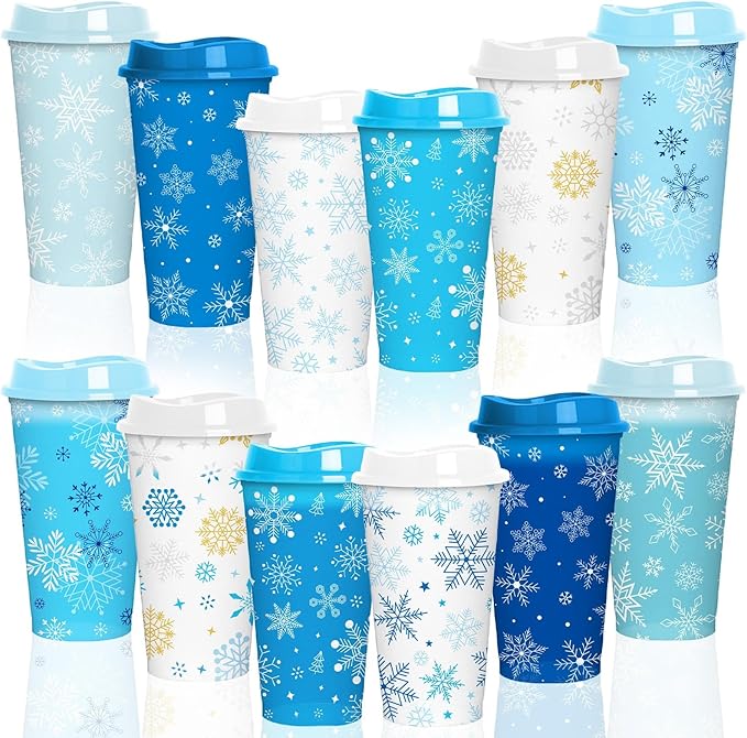 Jansun 12pcs Christmas Winter Snowflake Color Changing Cups with Lids, 16Oz Reusable Plastic Coffee Cups for Holiday Birthday Party Favors Supplies