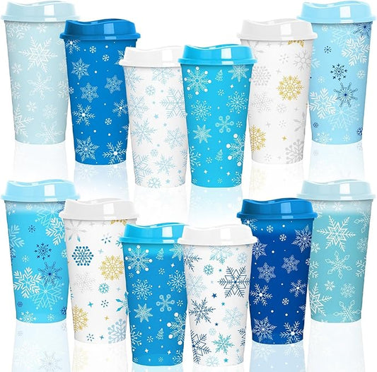 Jansun 12pcs Christmas Winter Snowflake Color Changing Cups with Lids, 16Oz Reusable Plastic Coffee Cups for Holiday Birthday Party Favors Supplies