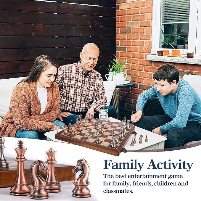 15 Inch Walnut Chess Board Set for Adults Kids Metal Chess, Folding Portable Travel Chess Game for Tournament Professional Beginner with Manual