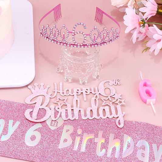 6th Birthday Party Decorations Set for Girls- Pink Crown, Glitter Sash, Number 6 Candle & Cake Topper Kit for Birthday Celebrations Party Supplies Gift