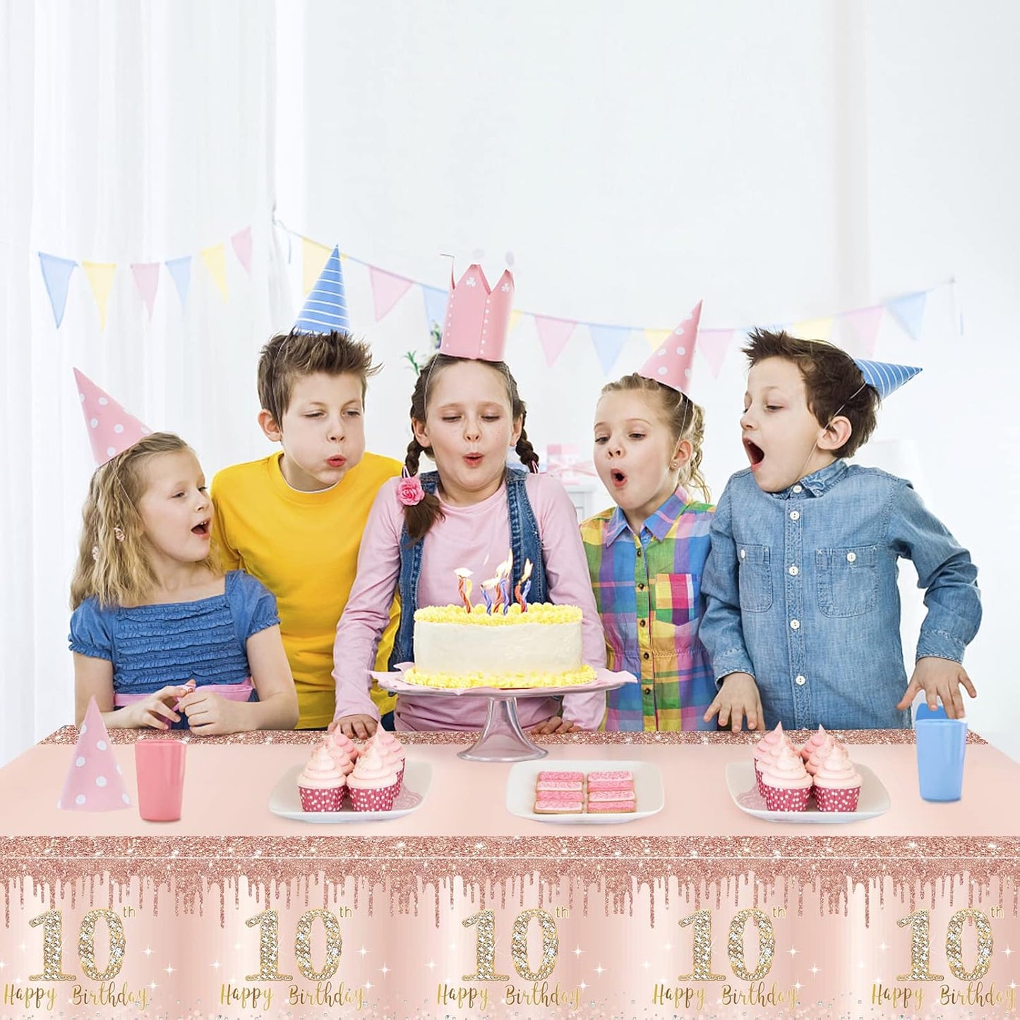 3 Pack 10th Birthday Decorations for Girls - Pink Rose Gold Happy Ten Theme Table Cover Party Supplies - Plastic Disposable Rectangular Tablecloth Decor