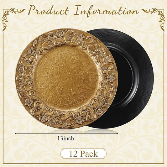 12 Pcs Antique Gold Charger Plates Bulk 13 Inch Embossed Rim Plastic Round Decorative Plates Charger for Dinner Wedding Party Event Table Setting Decoration (Wave-and-floral Frame)