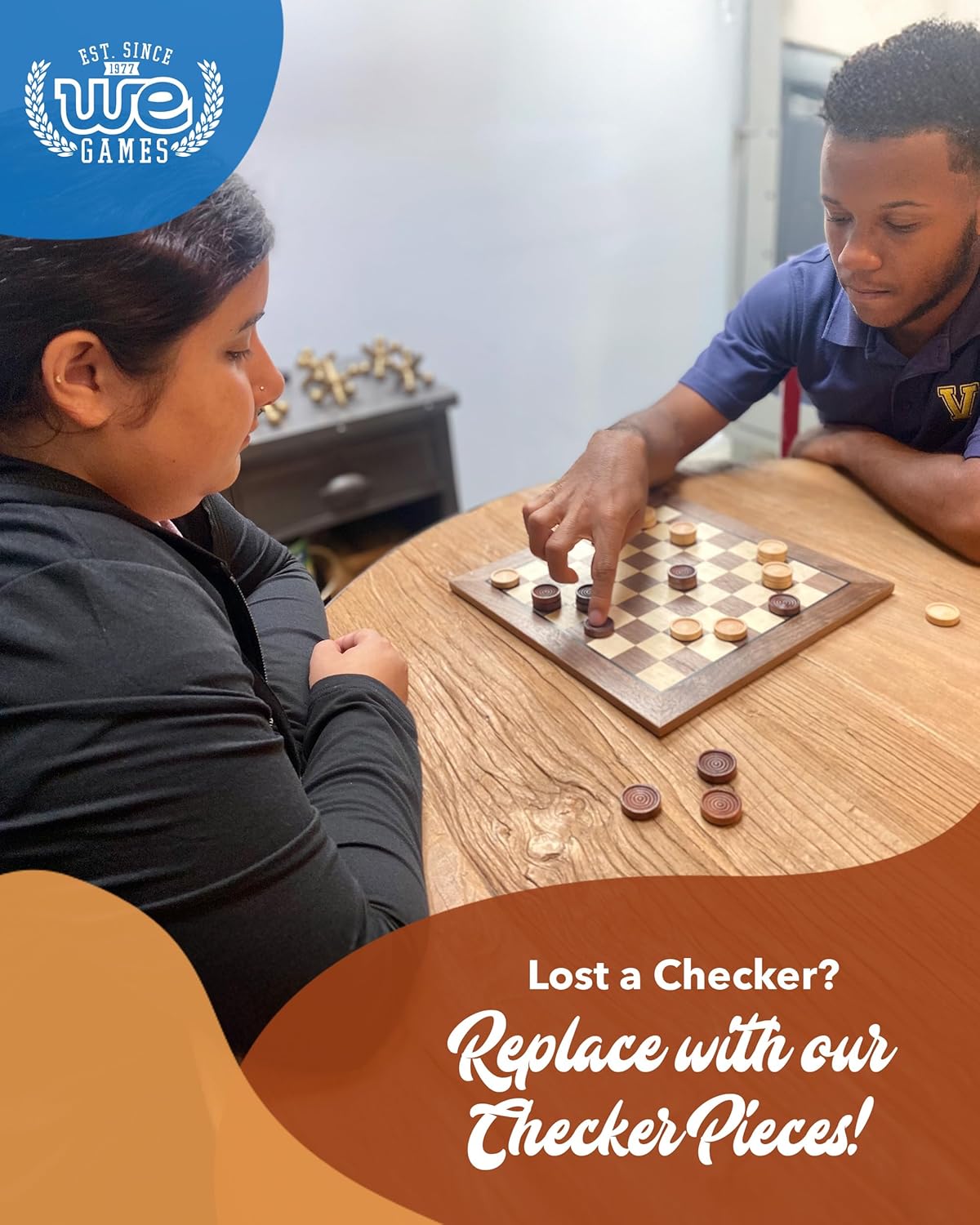 WE Games Wooden Checkers Pieces Only (2 inch), Checker Board Game & Backgammon Pieces, 24 Brown and Natural Stained Stackable Ridges with a Drawstring Storage Bag, Replacement Game Piece