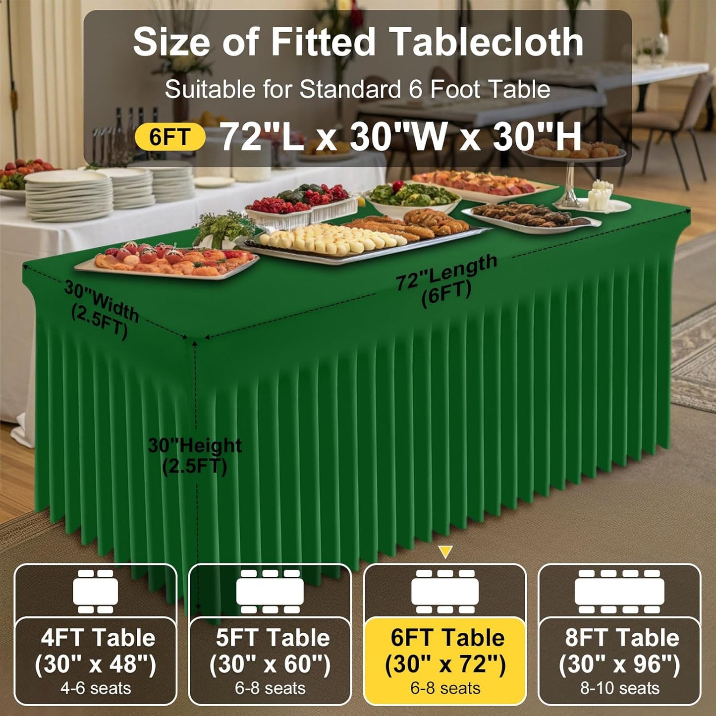 Smiry Spandex Tablecloth 2 Pack, Elastic Fitted Stretch Tablecloth for 6FT Rectangle Tables, Waterproof Washable Table Cover Skirt for Wedding, Banquet & Parties (Emerald Green, 72Lx30Wx30H Inch)