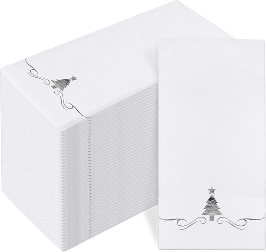 100 Pack Christmas Disposable Guest Napkins 12 x 17 Inch Silver Foil Christmas Trees Napkins Xmas Tree Hand Towels for Bathroom Kitchen Weddings Christmas Holiday Party