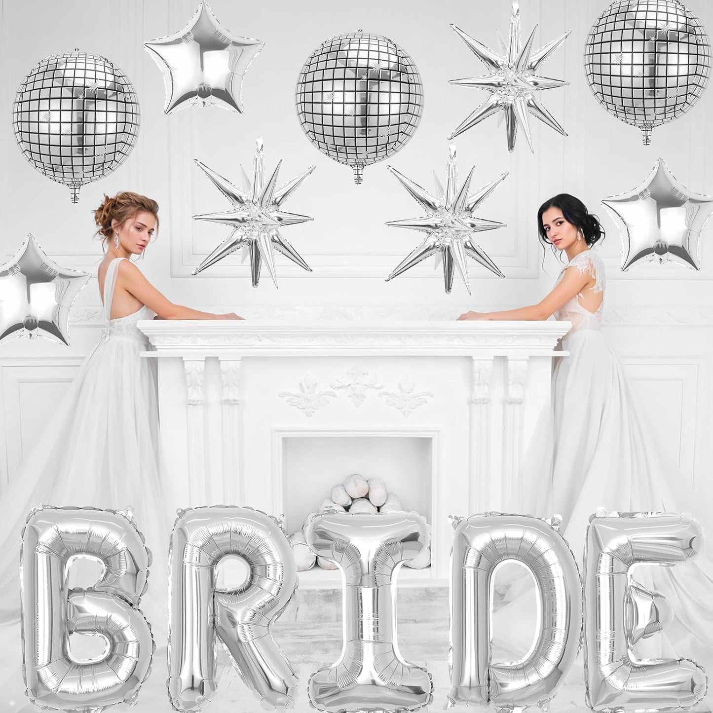Silver Bride Balloons Bachelorette Party Decorations, 32in Silver Giant Bride Balloons with 4D Disco Ball Balloon and Star Foil Balloon for Bridal Shower Wedding Engagement Party Supplies