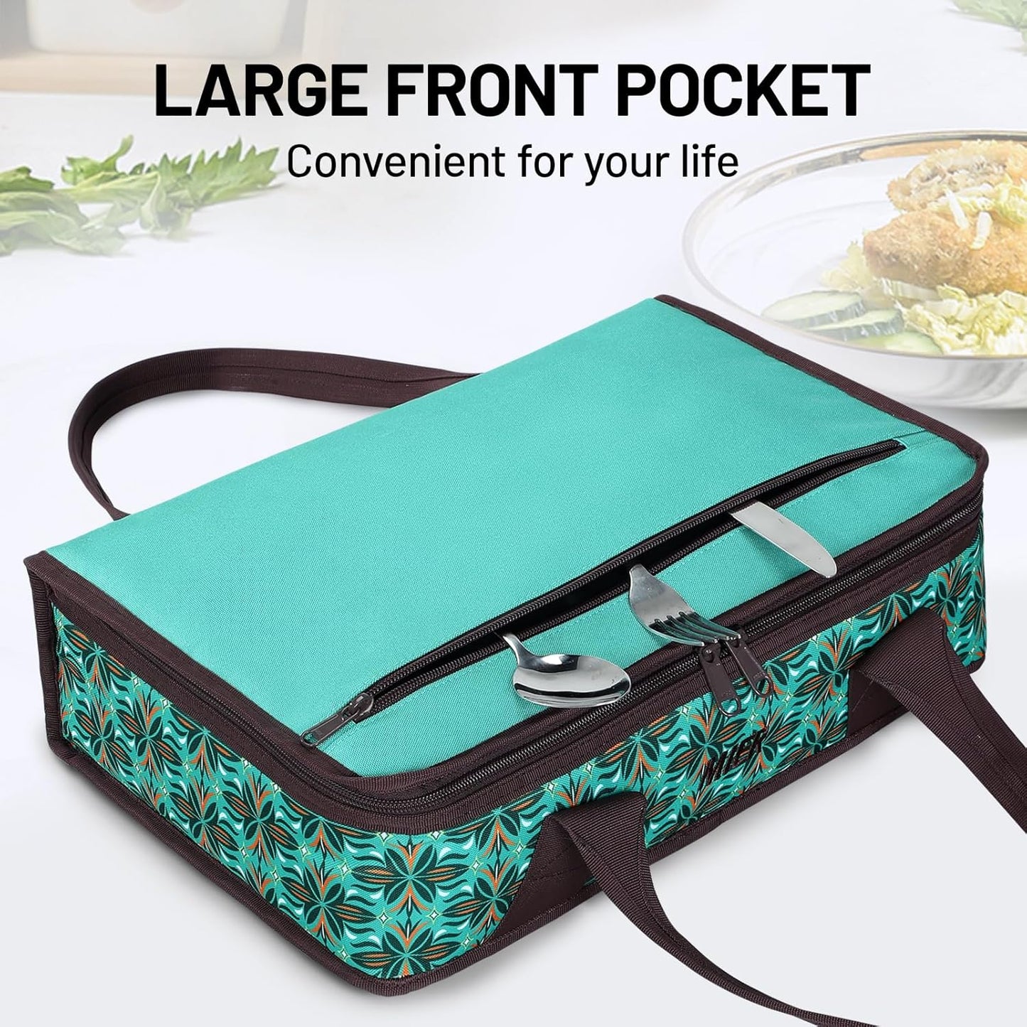 MIER Insulated Casserole Carrier for Hot or Cold Food Thermal Food Carrier Bag for Lasagna Potluck Parties Picnic Cookouts, Fits 9"x13" Baking Dish/Foil Pan, Teal