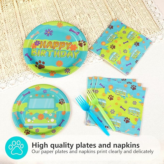 Grencian 96Pcs Mysterious Car Birthday Party Supplies Blue Green Dog Plates and Napkins Carton Dog Paw Tableware Set for Kids Birthday Baby Shower Party Supplies