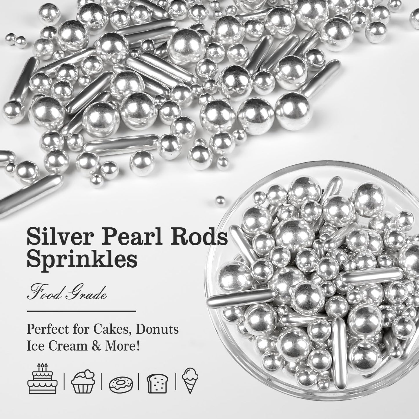 Christmas Silver Pearl Rods Sprinkles, Edible Sugar Candy Mix Size, 150g/5.29oz, Baking Cake Decoration, Food Grade, Cake Toppers, Easter, Celebration, Wedding Party Supplies
