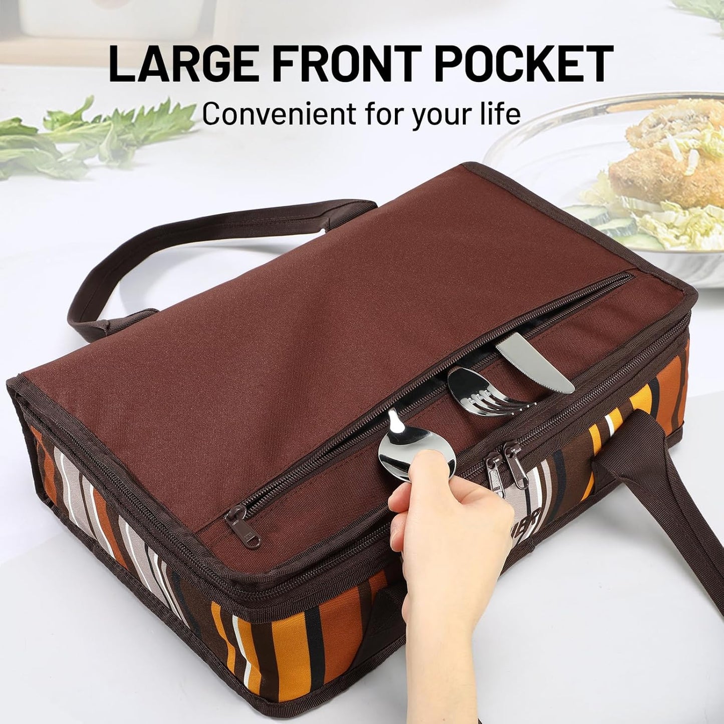 MIER Insulated Casserole Carrier for Hot or Cold Food Thermal Food Carrier Bag for Lasagna Potluck Parties Picnic Cookouts, Fits 9"x13" Baking Dish/Foil Pan, Brown