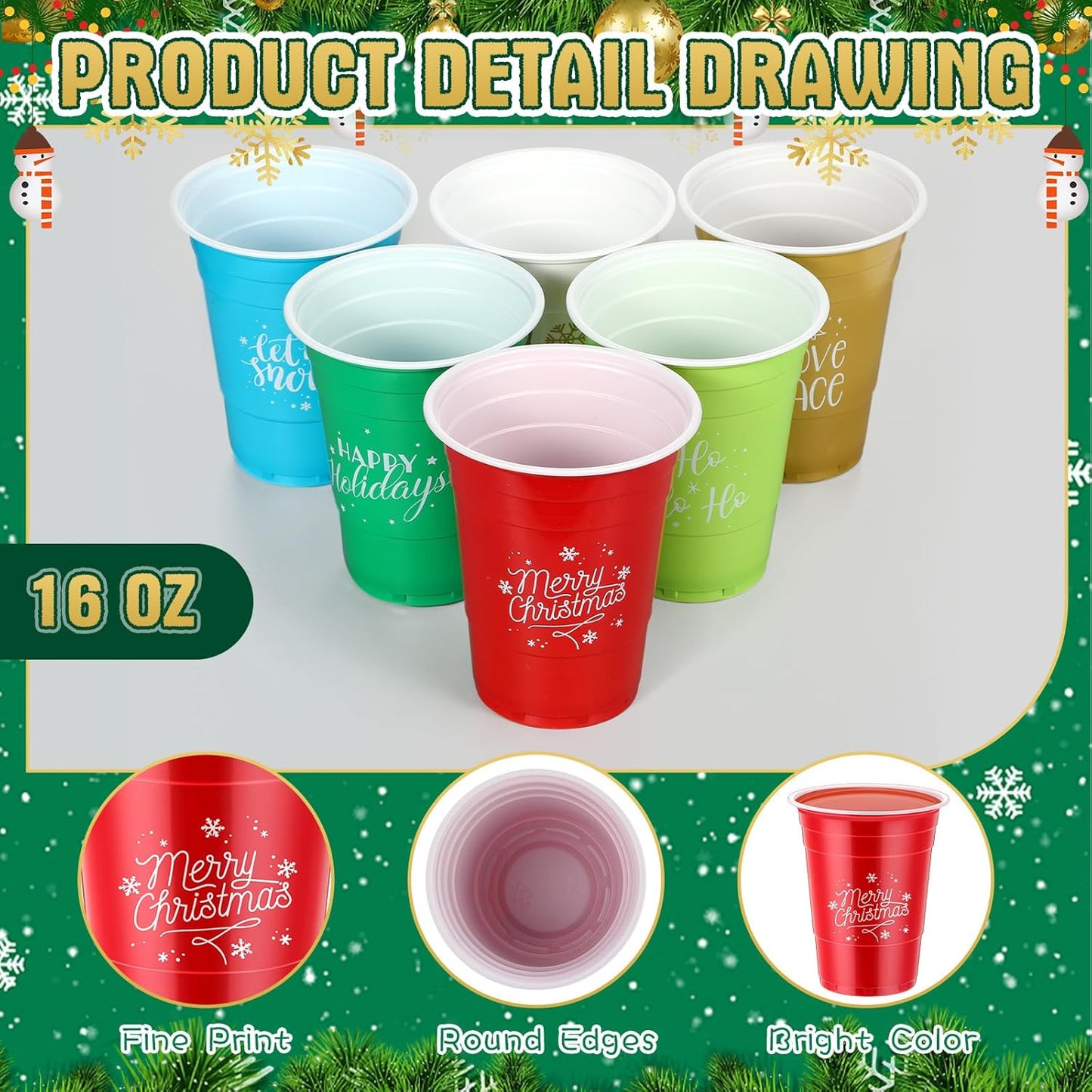 Sliner 120 Pcs 16 oz Christmas Plastic Disposable Cups Bulk Snowflake Elk Star Christmas Tree Drinking Cups for Xmas Birthday Party Supplies (Multicolor)