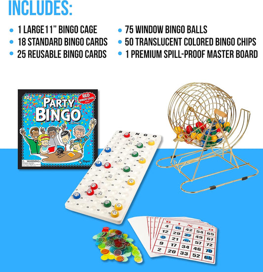 Regal Bingo Professional Bingo Game Set with 11" Wheel Cage, 75 Bingo Balls, Master Board, 18 Bingo Cards & 25 Jumbo Reusable Cards, and Colorful Chips - Bingo Games for Adults Large Group - Gold