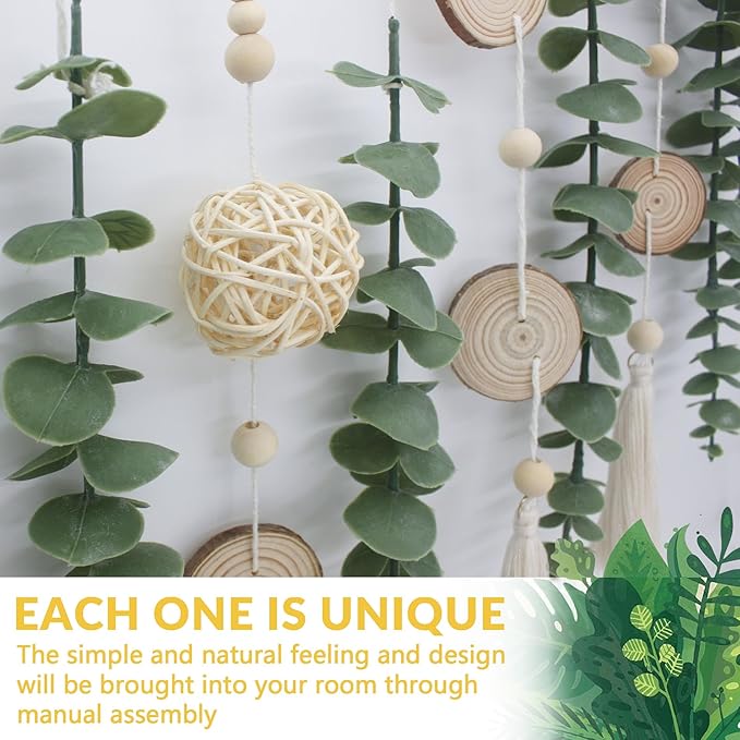 Artificial Eucalyptus Wall Decor with Wicker Ball Natural Boho Home Decorations Hanging Wooden Bead Garland for Large Bedroom Bathroom Living Room, 32 x 32 Inch