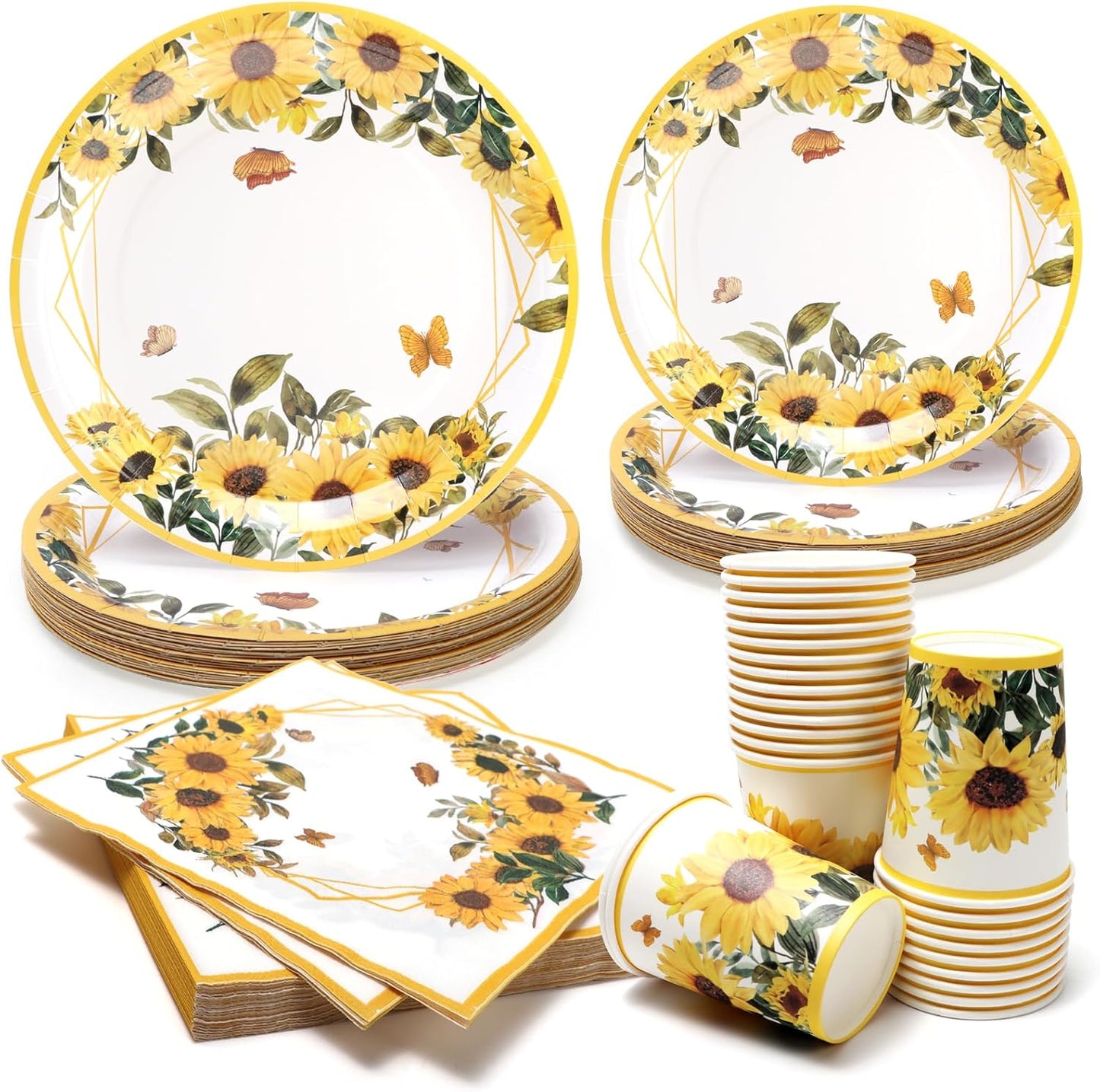 Sunflower Paper Plates and Napkins Cups Thanksgiving Disposable Tableware Set Floral Fall Party Plates for 100pcs 25 Guest Baby Shower Tea Kids Birthday Party Supplies Decoration