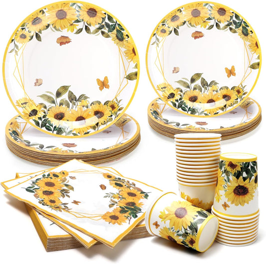 Sunflower Paper Plates and Napkins Cups Thanksgiving Disposable Tableware Set Floral Fall Party Plates for 100pcs 25 Guest Baby Shower Tea Kids Birthday Party Supplies Decoration