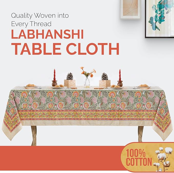 Labhanshi Indian Hand Block Print Rectangle Table Cover for Kitchen Dining Table|6 Seater Picnic Camping Outdoor Cotton Fall Table Cloth|Spring Easter Table Cloth Decor 60 X 90 Inches Burnt Orange