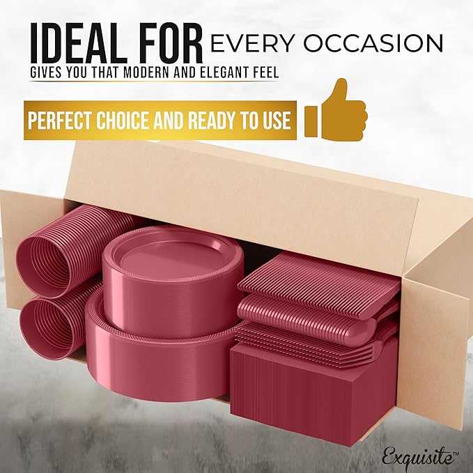 350 Pcs Burgundy Plastic Plates For Party, Burgundy Disposable Plates Set, 50 Of Each 9" Dinner Plate Set, 7" Dessert Plate, Cups, Napkins & Cutlery Plastic Dinnerware Exquisite